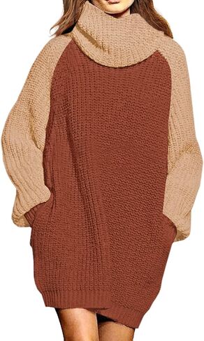 Pink Queen Women's Loose Turtleneck Oversize Long Pullover Sweater Dress in Kuwait