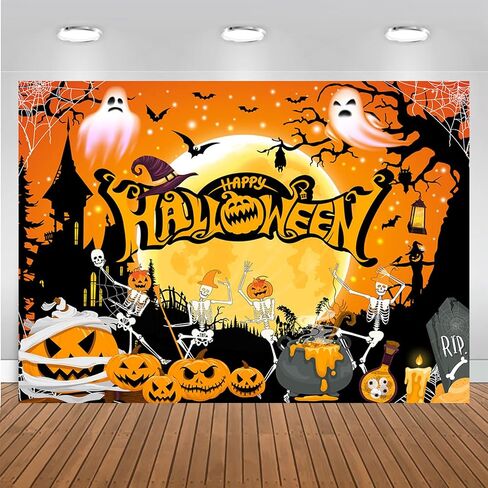 Mocsick Happy Halloween Backdrop for Photography Orange Night Moon Halloween Party Decoration Trick or Treat Skull Pumpkin Spider Halloween Banner Photo Booth Props (Orange, 7x5ft(82''x60'')) in Saudi Arabia