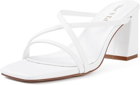 حذاء Shoe'N Tale ذو كعب عالي للنساء مكون من شريطين مكتنزين صنادل صيفية بكعب مربع مفتوح من الأمام بدون ظهر حذاء سهل الارتداء (7.5، أبيض) in Saudi Arabia