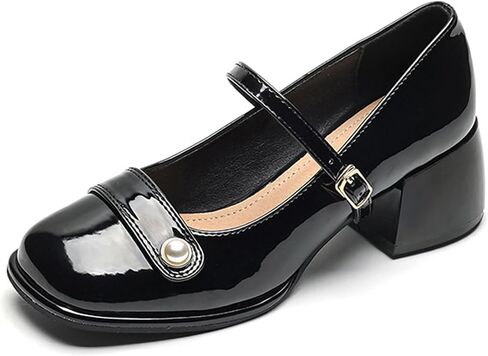 Women's Patent Leather Pearl Monk Strap Chunky Heel Mary Janes Fashion Square Toe Ankle Strap Mid Block Heel Business Formal Pumps Grace Wedding Prom Party Dress Shoes in Saudi Arabia