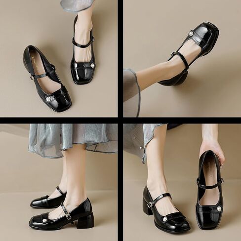 Women's Patent Leather Pearl Monk Strap Chunky Heel Mary Janes Fashion Square Toe Ankle Strap Mid Block Heel Business Formal Pumps Grace Wedding Prom Party Dress Shoes in Saudi Arabia