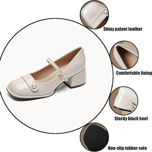 Women's Patent Leather Pearl Monk Strap Chunky Heel Mary Janes Fashion Square Toe Ankle Strap Mid Block Heel Business Formal Pumps Grace Wedding Prom Party Dress Shoes in Saudi Arabia