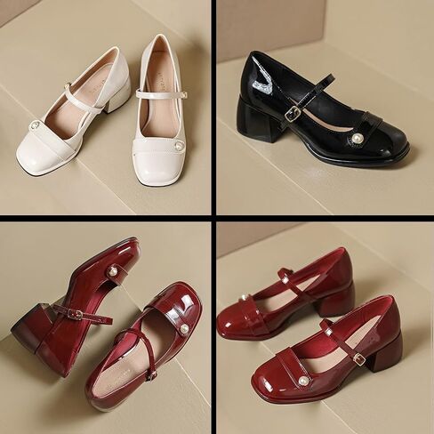 Women's Patent Leather Pearl Monk Strap Chunky Heel Mary Janes Fashion Square Toe Ankle Strap Mid Block Heel Business Formal Pumps Grace Wedding Prom Party Dress Shoes in Saudi Arabia