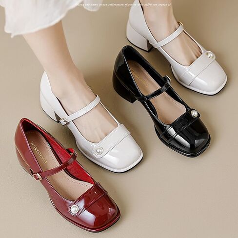 Women's Patent Leather Pearl Monk Strap Chunky Heel Mary Janes Fashion Square Toe Ankle Strap Mid Block Heel Business Formal Pumps Grace Wedding Prom Party Dress Shoes in Saudi Arabia