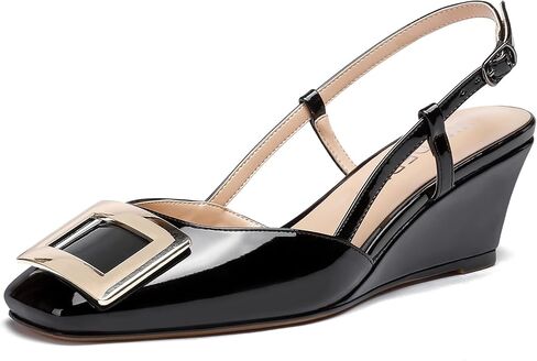 WAYDERNS Women's Square Toe Slingback Metal Rectangle Buckle Patent Wedge Low Heel Pumps Shoes 2 Inch in Saudi Arabia