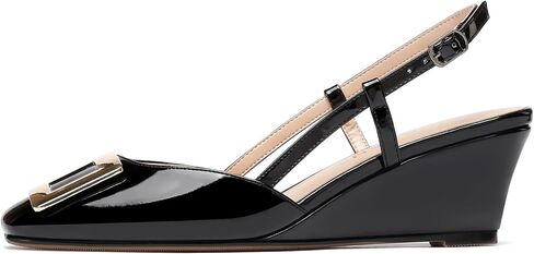 WAYDERNS Women's Square Toe Slingback Metal Rectangle Buckle Patent Wedge Low Heel Pumps Shoes 2 Inch in Saudi Arabia