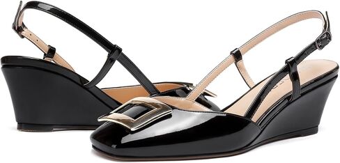 WAYDERNS Women's Square Toe Slingback Metal Rectangle Buckle Patent Wedge Low Heel Pumps Shoes 2 Inch in Saudi Arabia