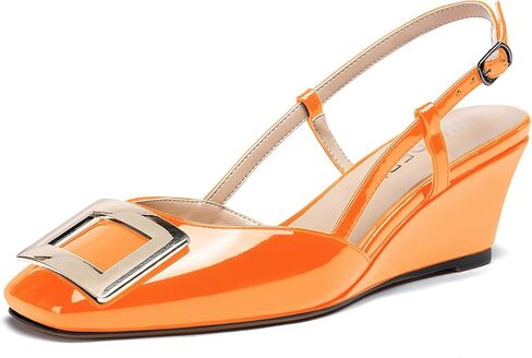 WAYDERNS Women's Square Toe Slingback Metal Rectangle Buckle Patent Wedge Low Heel Pumps Shoes 2 Inch in Saudi Arabia
