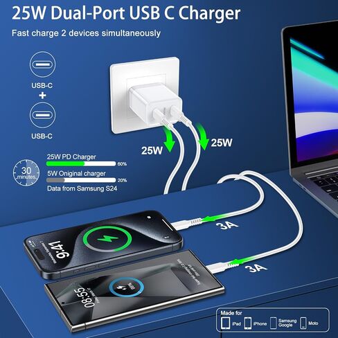 Fast Samsung Charger Block USB C 25W Dual Port Android Charger Type C Phone Wall Plug for Galaxy A35 A15 5G A25 S24 Ultra,Z Fold 6 Flip 6,S23 A14,Motorola Razr 2024 Razr+ Edge Moto G Stylus 5G Power in Saudi Arabia
