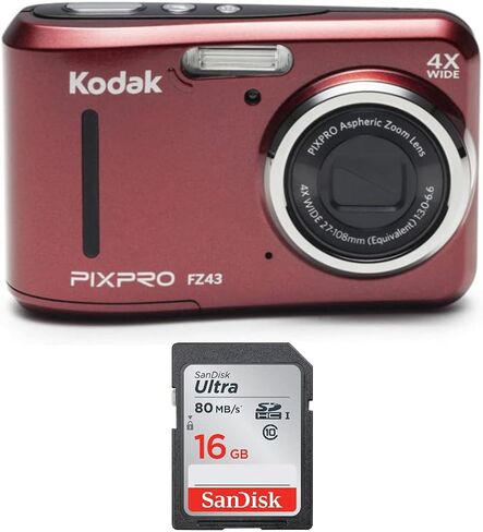 حزمة Kodak PIXPRO FZ43 Friendly Zoom (أحمر) مع بطاقة SD سعة 16 جيجابايت (عنصران) in Saudi Arabia