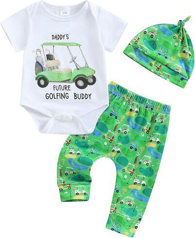Newborn Baby Golf Outfit Girl Boy Daddy's Future Golfing Buddy Funny Romper T-shirt Golf Pants 3Pcs Fall Clothes Set in Kuwait
