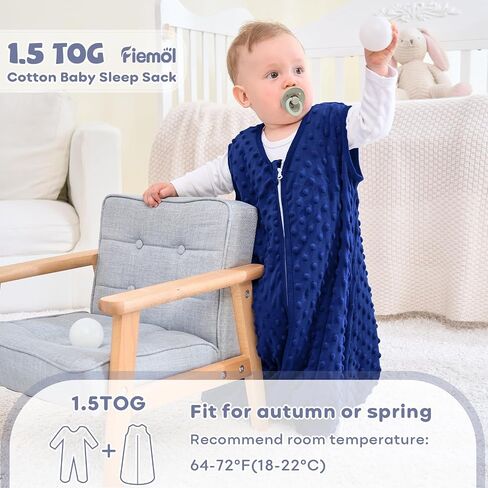 Baby Sleep Sack 6-12 Months, 1.5 TOG Cotton Baby Wearable Blanket with Soft Plush Dots, 2 Pack Newborn and Infant Sleeping Sack with 2-Way Zipper Blue&Grey in Saudi Arabia