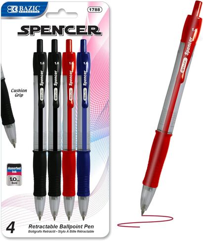 BAZIC Spencer Red Retractable Pen w/ Cushion Grip (4/Pack) in Saudi Arabia