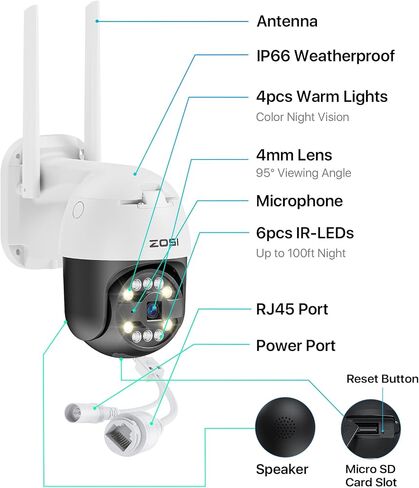 كاميرا ZOSI C296 Plug-in 8MP 4K السلكية واي فاي PT في الهواء الطلق مع كشف وجه السيارة لشخص AI، وكاميرا لاسلكية قابلة للإمالة مع رؤية ليلية ملونة بضوء النجوم، ومحادثة ثنائية الاتجاه، وتنبيه صفارة الإنذار، وتخزين بطاقة SD in Saudi Arabia