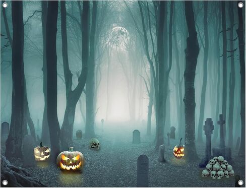 8x6FT Misty Dark Forest Backdrop, Gloomy Grove Spooky Skeleton Polyester Photography Background for Parties, Mystery Evil Trees Cemetary Photo Booth Prop Decorations in Saudi Arabia