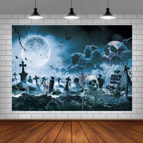 7x5ft Halloween Backdrop for Photography Gray Horror Moon Night Scary Cemetery Skull Photo Backdrop Kids Adult Family Party Birthday Banner Decor Halloween Photo Shoot Props in Kuwait