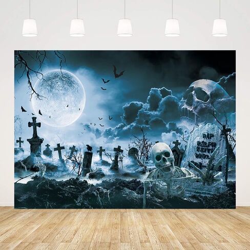7x5ft Halloween Backdrop for Photography Gray Horror Moon Night Scary Cemetery Skull Photo Backdrop Kids Adult Family Party Birthday Banner Decor Halloween Photo Shoot Props in Kuwait