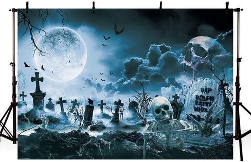 7x5ft Halloween Backdrop for Photography Gray Horror Moon Night Scary Cemetery Skull Photo Backdrop Kids Adult Family Party Birthday Banner Decor Halloween Photo Shoot Props in Kuwait