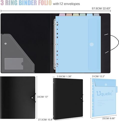 Uquelic 3 Ring Binder with 12 Binder Pocket Folders, Letter Size, Color Binder Pouch for Important Paper Files, Documents, Photos, Letters, Cards (Clear) in Kuwait