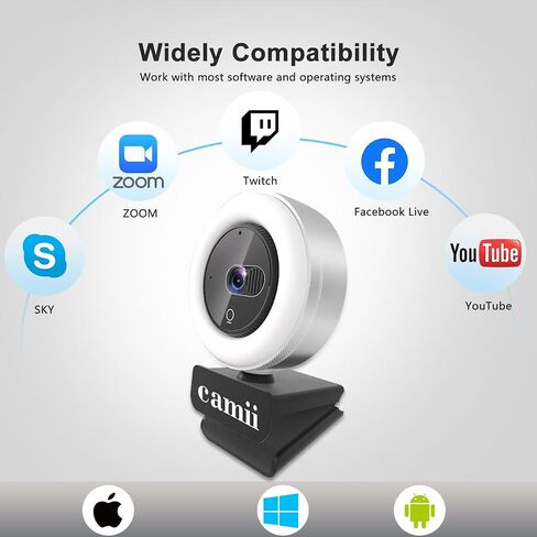 Camii 2K Webcam, Webcam for PC with HD Ring Light and Privacy Cover, Noise-Canceling Microphone, Auto-Focus, 2K 30FPS Streaming Camera USB Plug-n-Play for PC/Laptop/Teams/Zoom Skype/Google Meet in Saudi Arabia