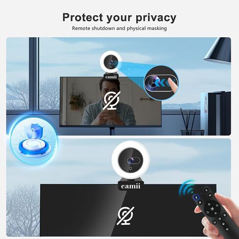 Camii 2K Webcam, Webcam for PC with HD Ring Light and Privacy Cover, Noise-Canceling Microphone, Auto-Focus, 2K 30FPS Streaming Camera USB Plug-n-Play for PC/Laptop/Teams/Zoom Skype/Google Meet in Saudi Arabia