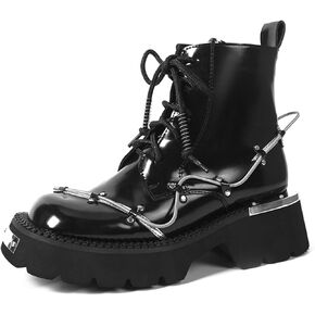 Women Goth Genuine Leather Platform Combat Ankle Boots with Metal Springs Fashion Round Toe Lace Up Lug Sole Chunky Motorcycle Boots Retro Punk Short Booties