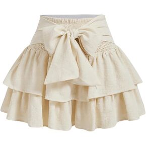 Women's Bow Front Mini Skirt High Shirred Waist Layered Ruffle Hem Short Cake Skirts