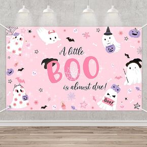 MEHOFOND Halloween Little Boo Baby Shower Backdrop Banner Pink A Little Boo is Almost Due Photography Background Ghost Pumpkin Spider Web Bat Girls Baby Shower Decorations Photo Props 70.8x43.3 Inch