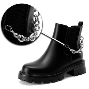 Women's Chain Black Platform Lug Sole Low Chunky Heel Chelsea Boots Slip on Fashion Ankle Booties