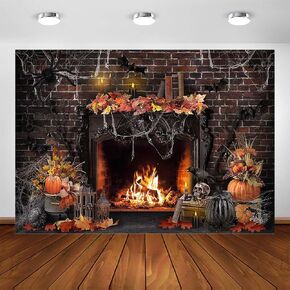 Avezano Halloween Fireplace Backdrop for Photography Vintage Halloween Photo Background Brick Wall Pumpkin Halloween Party Decoration Kids Portrait Photoshoot (7x5ft)