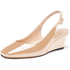 WAYDERNS Women's Patent Square Toe Buckle Slingback Wedge Low Heel Pumps Ladies Cute Dress Shoes 2 Inch