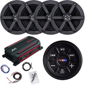 JVC 4-Channel 600 Watt Max Compact Marine Digital Amplifier Bundle Combo with Waterproof Bluetooth Audio Receiver, 4X 6.5 260 Watt Peak Power Multicolor LED Black Boat Audio Speakers, Wiring Kit
