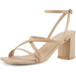 Shoe'N Tale Strappy Heels for Women Chunky Block Heels Square Open Toe Ankle Strap Buckle Sandals(9,Natural Nude)