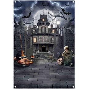 ZTHMOE 8x10ft Polyester Halloween Gray Moon Night Photography Backdrop Haunted House Gate Background Horror Cemetery Ghost Party Decorations Photo Banner Props with Four Holes Easy to Hang