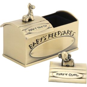 Baby First Tooth and Curl Keepsake Box, Tooth Holder First Haircut Keepsake Box Zinc Alloy Baby Tooth and Lanugo Container Keepsake Boxes for Baby Teeth Fairy Containter (Gold)