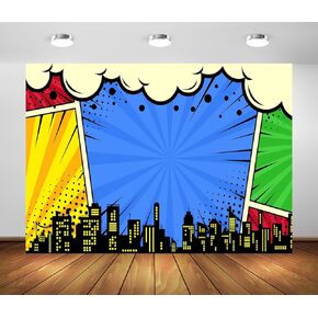 BELECO 7x5ft Fabric Super City Backdrop for Superhero Photoshoot Comic Urban Skyline City Boom Super City Background for Superhero Party Decorations Baby Shower Birthday Photoshoot Studio Props