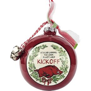 زخرفة كرة سيراميك رازورباكس من جامعة أركنساس - تصميم شعار الفريق وكسارة البندق مع شريط وأجراس من ماجنوليا لين - زينة عيد الميلاد، هدية لطلاب أركنساس، الخريجين - للمنزل، والسكن in Kuwait