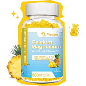 High Absorption Calcium Gummies, Sugar Free Calcium Magnesium Supplement with Vitamin D3 K2 for Bone & Teeth Strength, Muscle Function - Vegan, Peach Flavor 60 Cts