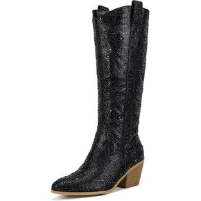 IDIFU IN3 Rhinestone Cowboy Boots For Women Knee High Western Cowgirl Boots Pointed Toe Block Chunky Heels Sparkly Glitter Long Tall Dress Booties Party Bling Shiny Boots