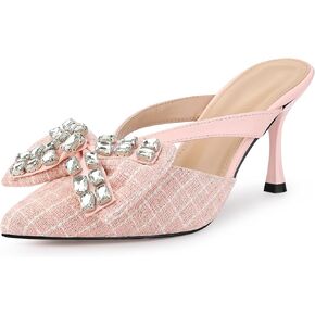 Allegra K Women's Pointed Toe Tweed Rhinestone Bow Stiletto Heels Mules