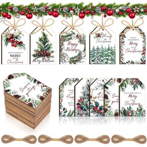 Blulu 60 Pcs Christmas Wooden Tag Labels Christmas Tree Ornaments Rustic Christmas Wishes Holiday Tags Vintage Hanging Craft Label with Jute Ropes for Christmas Decoration, 3 x 2 Inch(Vintage)