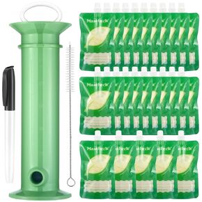 Maxcheck 28 Pcs Set Refillable Baby Food Pouch Maker Reusable Food Pouches Filler Set Include 25 Pcs Portable Fruit Puree Pouch Storage Bags, Baby Food Maker, Pen and Brush for Babies Kids Toddlers