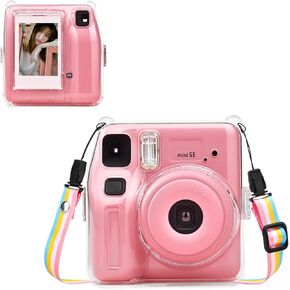 MUZIRI KINOKOO Clear Case for Fuji Instax Mini SE Camera, Crystal Hard PC Cover Carrying Case for Fuji Instax Mini SE Instant Camera with Film/Photo Pocket & Removable Rainbow Shoulder Strap