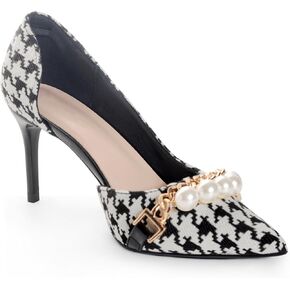 ANN CREEK Women's High Stiletto Heels Dressy Pumps for Women Houndstooth Pattern Design with Pearl Chain Pointed Toe Black Heels Work