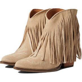 MOOMMO Women Tassel Western Booties Chunky Block Heel Suede Cowboy Ankle Boots Fringe Pointed Closed Toe V-Cut Stacked Heel Slip On Short Boots Boho Cowgirl Embroidered Vintage Winter Beige 8 M US