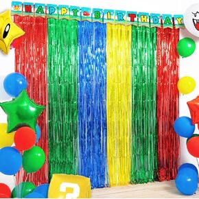 Super Bros Birthday Party Decoration, 2 Pack Red Green Blue Yellow 3.3 x 6.6ft Foil Fringe Curtains Tinsel Photo Booth Props Streamers Backdrop for Video Game Mario Theme Birthday Party Supplies