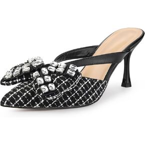 Allegra K Women's Pointed Toe Tweed Rhinestone Bow Stiletto Heels Mules in Kuwait