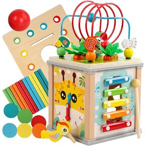 Toddlers Montessori Wooden Educational Toys, 10 in 1 Carrot Pulling Baby Toy Gifts for Boys, Girls, Kids with Animal Shape Sorting Cube Toys for Toddlers