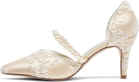 Emily Bridal A18353-49 Women's Wedding Shoes Pointed Toe 3.15 Inches Stiletto Heel Satin Pumps Pearl Flower Bridal Shoes in Saudi Arabia