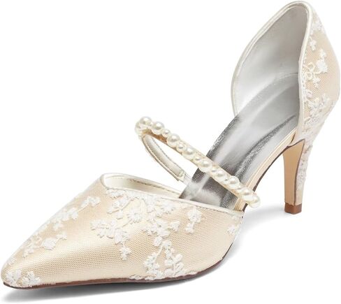 Emily Bridal A18353-49 Women's Wedding Shoes Pointed Toe 3.15 Inches Stiletto Heel Satin Pumps Pearl Flower Bridal Shoes in Saudi Arabia